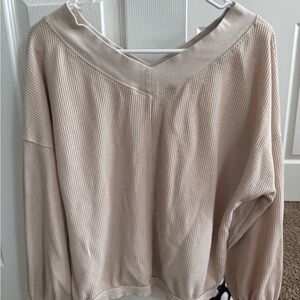 Beige Waffle Knit V-Neck Sweater